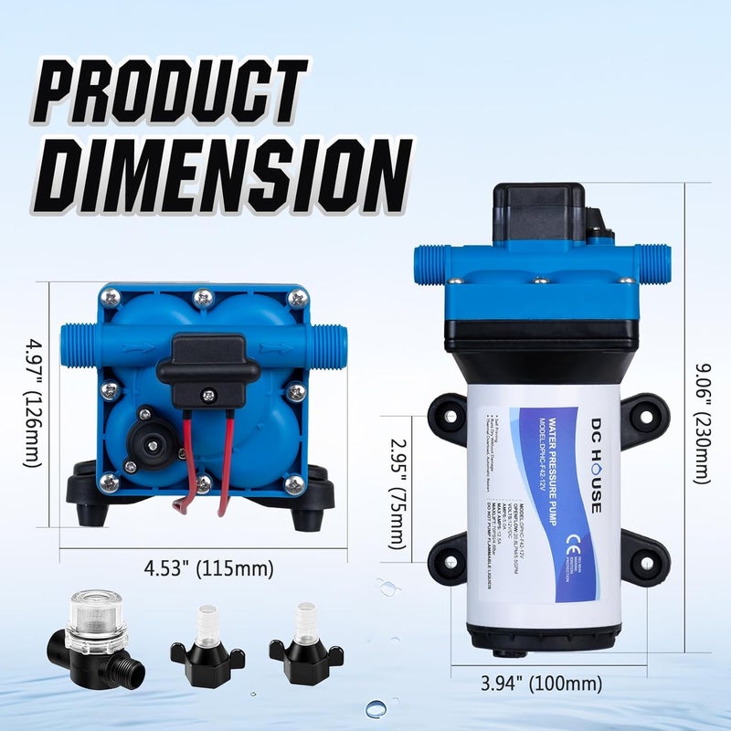 DC HOUSE 4-Chamber RV Water Pump 12V, 5.5GPM 70PSI High Pressure, Quiet Fresh Water Diaphragm Pump with On Demand Pressure Switch for Camper, Travel Trailer & Off-Grid Cabin - Image 2